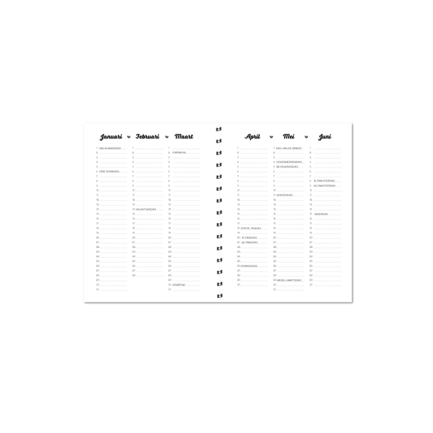 Agenda 2025 - zwart/wit - verticale indeling - A5 formaat
