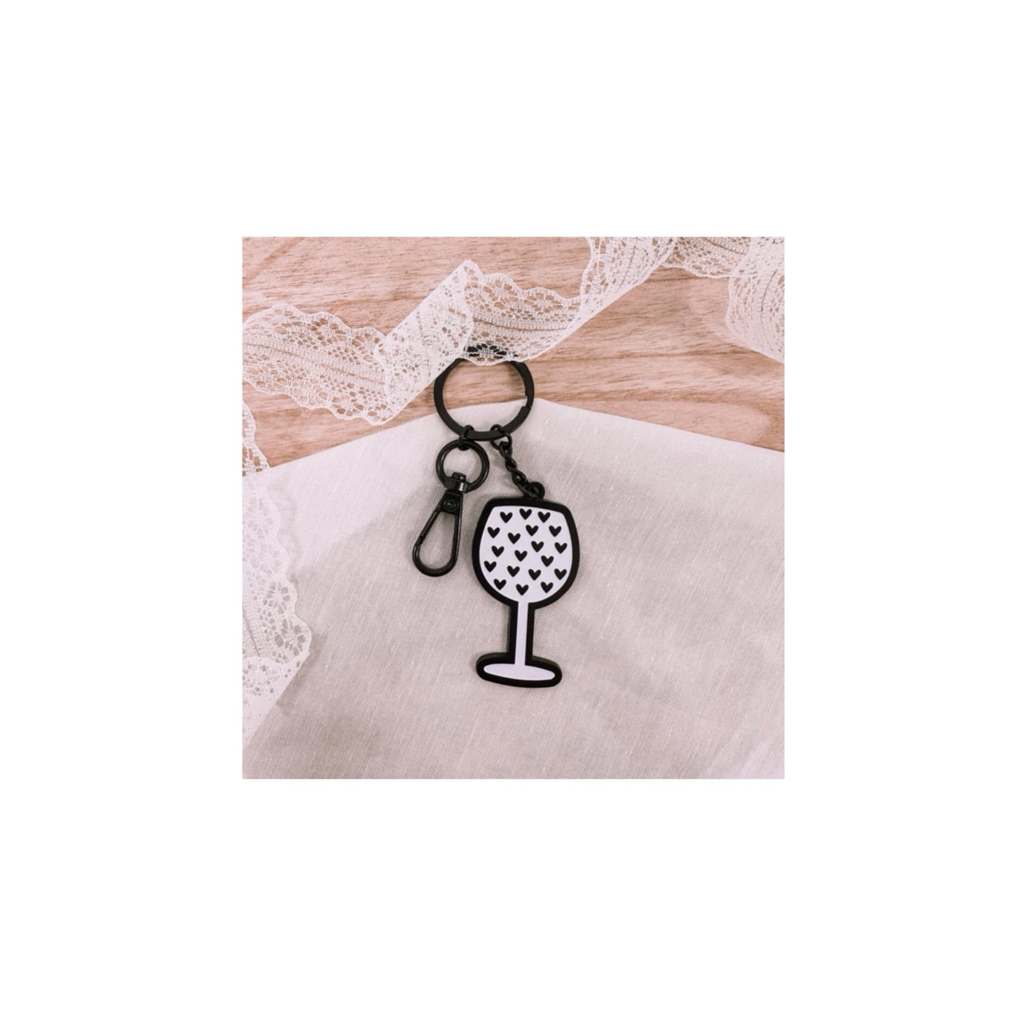 Sleutelhanger - wijnglas - zwart/wit