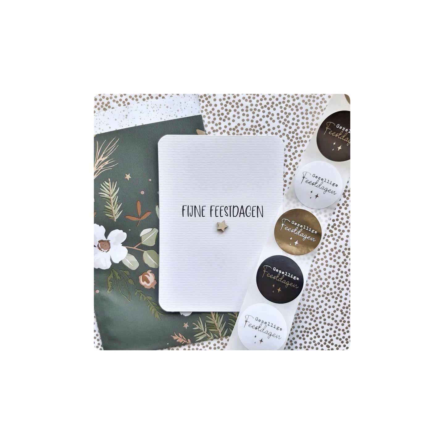 Kerstkaart met houten sterretje - fijne feestdagen - A6