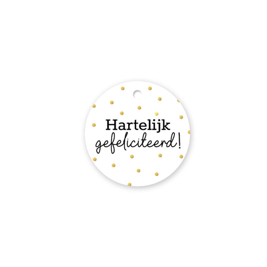 Cadeaulabel - hartelijk gefeliciteerd - wit - 6 cm