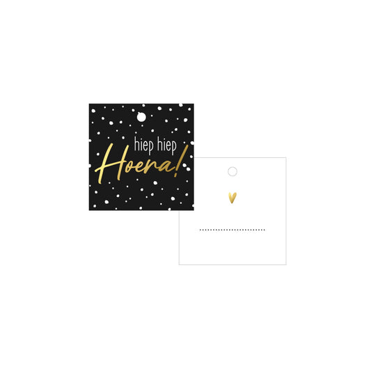 Cadeaulabel - hiep hiep hoera - zwart - 6x6 cm
