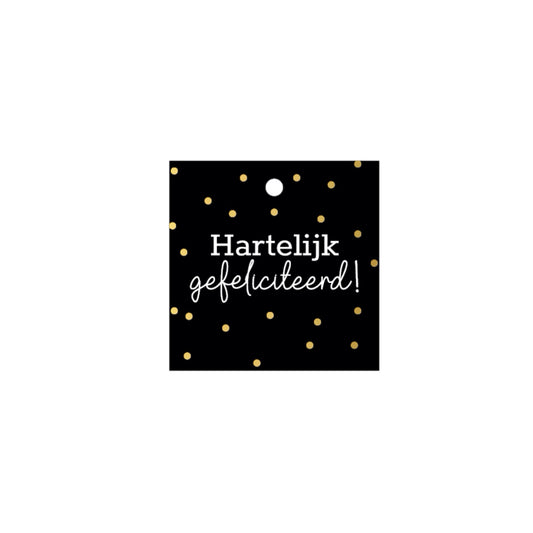 Cadeaulabel - hartelijk gefeliciteerd - zwart - 6x6 cm