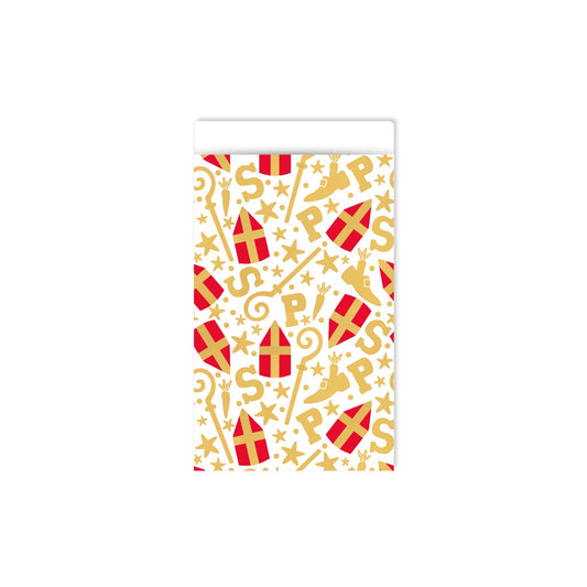 Cadeauzakjes - Sinterklaas doodles - wit/goud - 12x19 cm - 5 stuks
