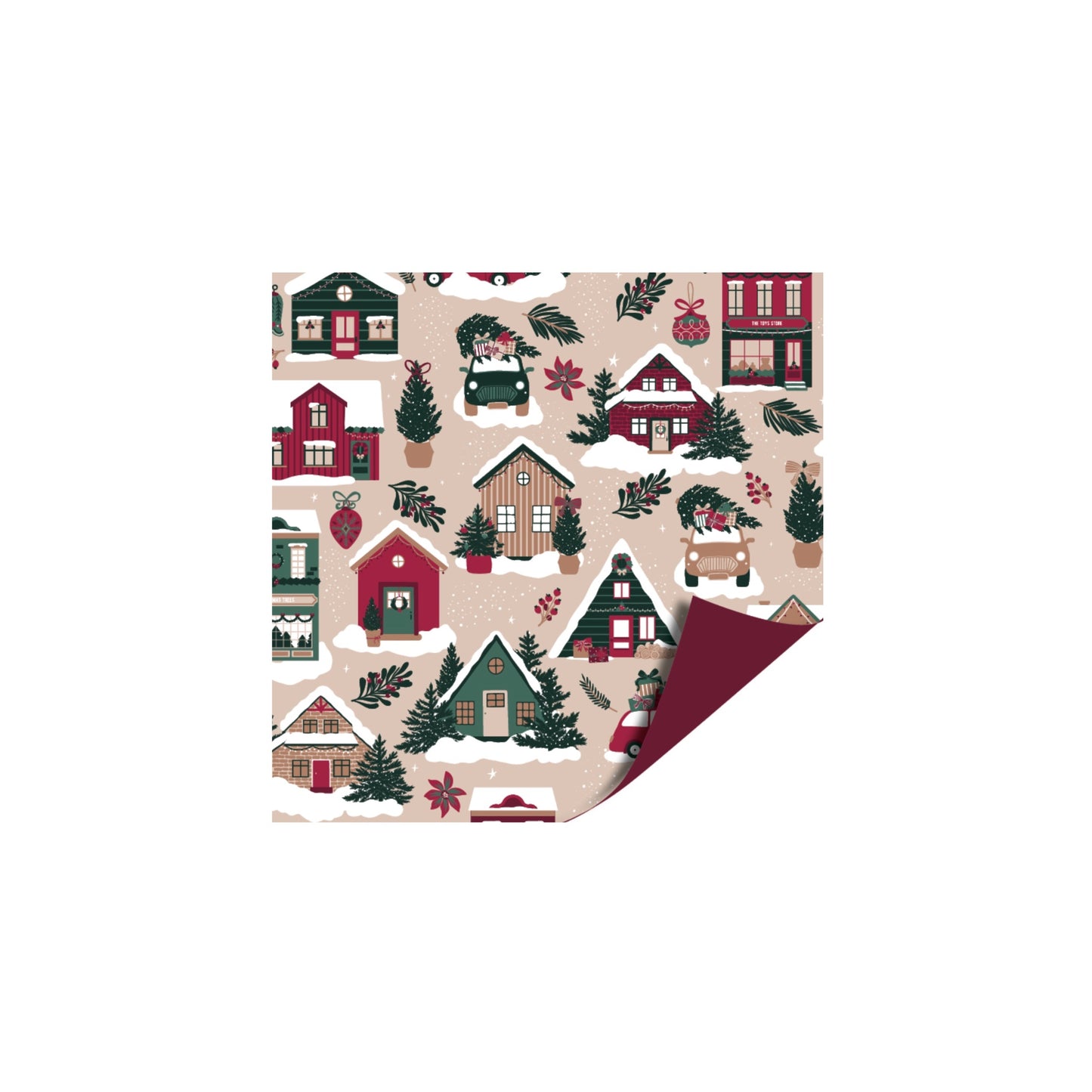 Cadeaupapier - kerst huisjes - beige/rood - 30x200 cm