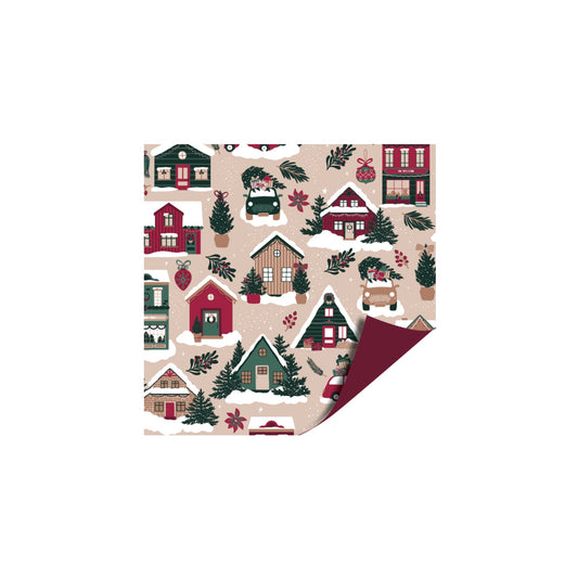 Cadeaupapier - kerst huisjes - beige/rood - 30x200 cm