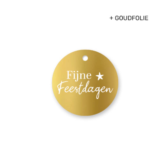 Cadeaulabel - fijne feestdagen - goud/wit - 6 cm
