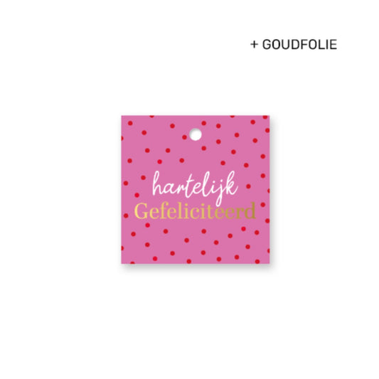 Cadeaulabel - hartelijk gefeliciteerd - roze/rood - 6x6 cm