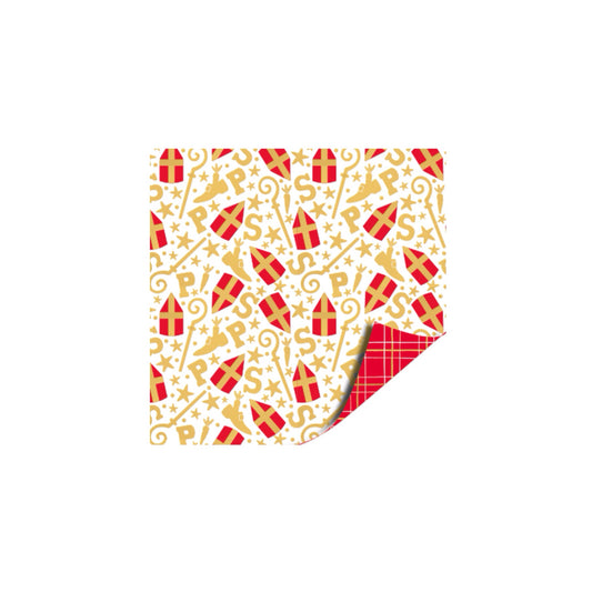 Cadeaupapier - mijterfeest - wit/rood/goud - 30x200 cm