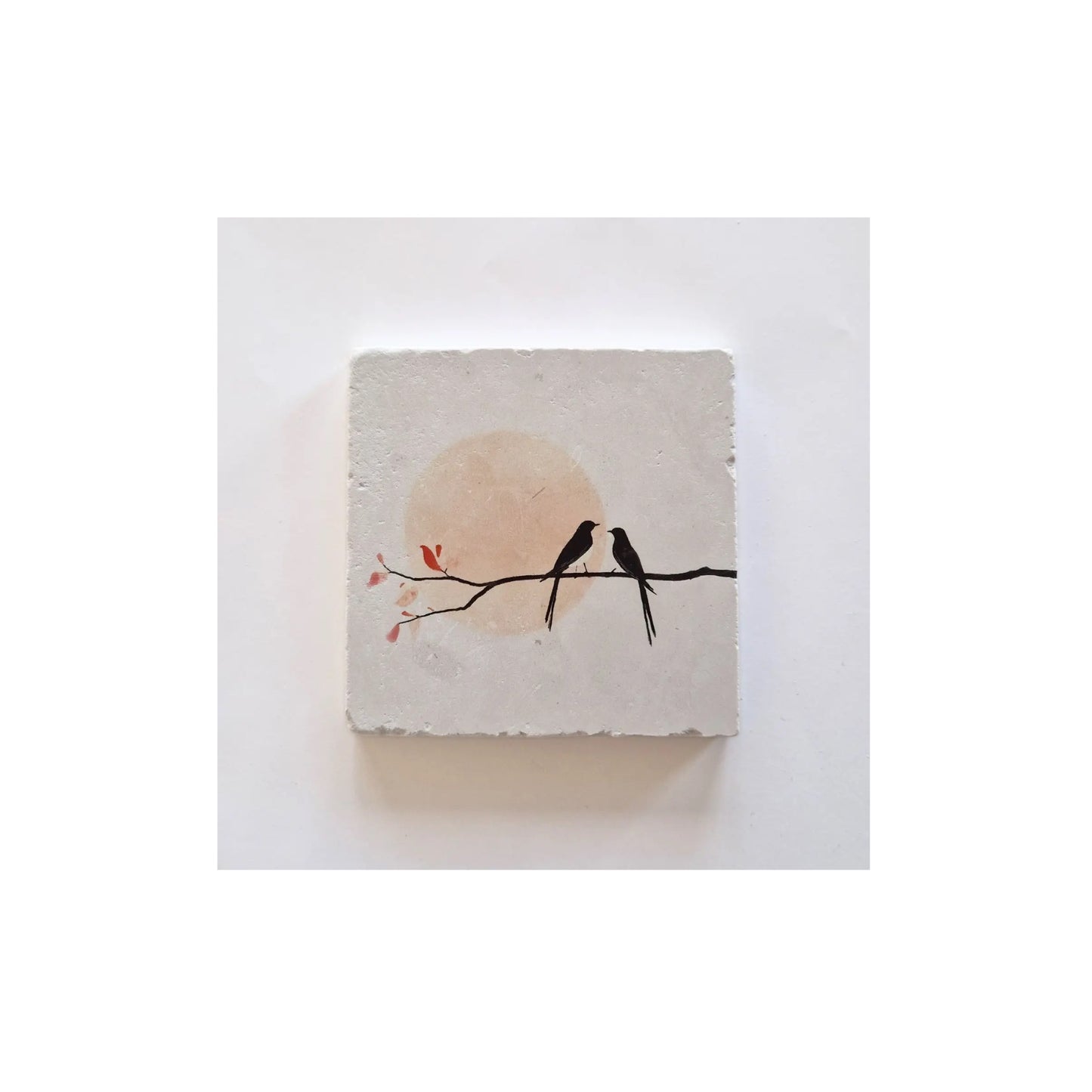 Natuursteen tegeltje - birds - 10x10 cm - met houder