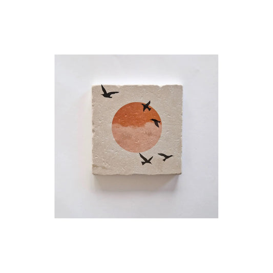 Natuursteen tegeltje - black birds - 10x10 cm - met houder