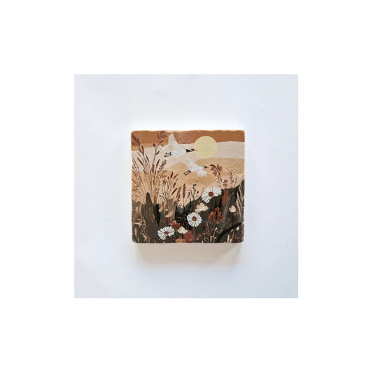 Natuursteen tegeltje - flower field - 10x10 cm - met houder