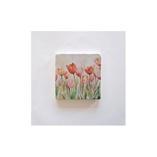 Natuursteen tegeltje - tulip field - 10x10 cm - met houder