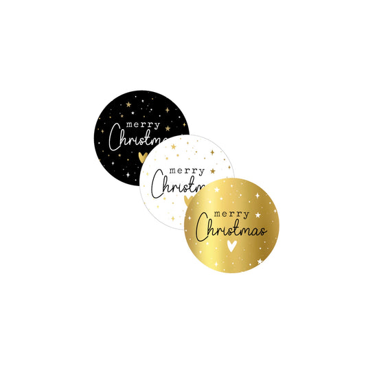 Cadeaustickers - merry christmas - zwart/wit/goud - 4 cm - 9 stuks